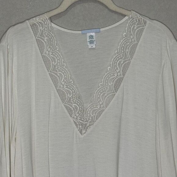 Eberjey Nightgown Womens Small Ivory Lace Trim V Neck 3/4 Sleeve Sleep Shirt - Picture 4 of 8